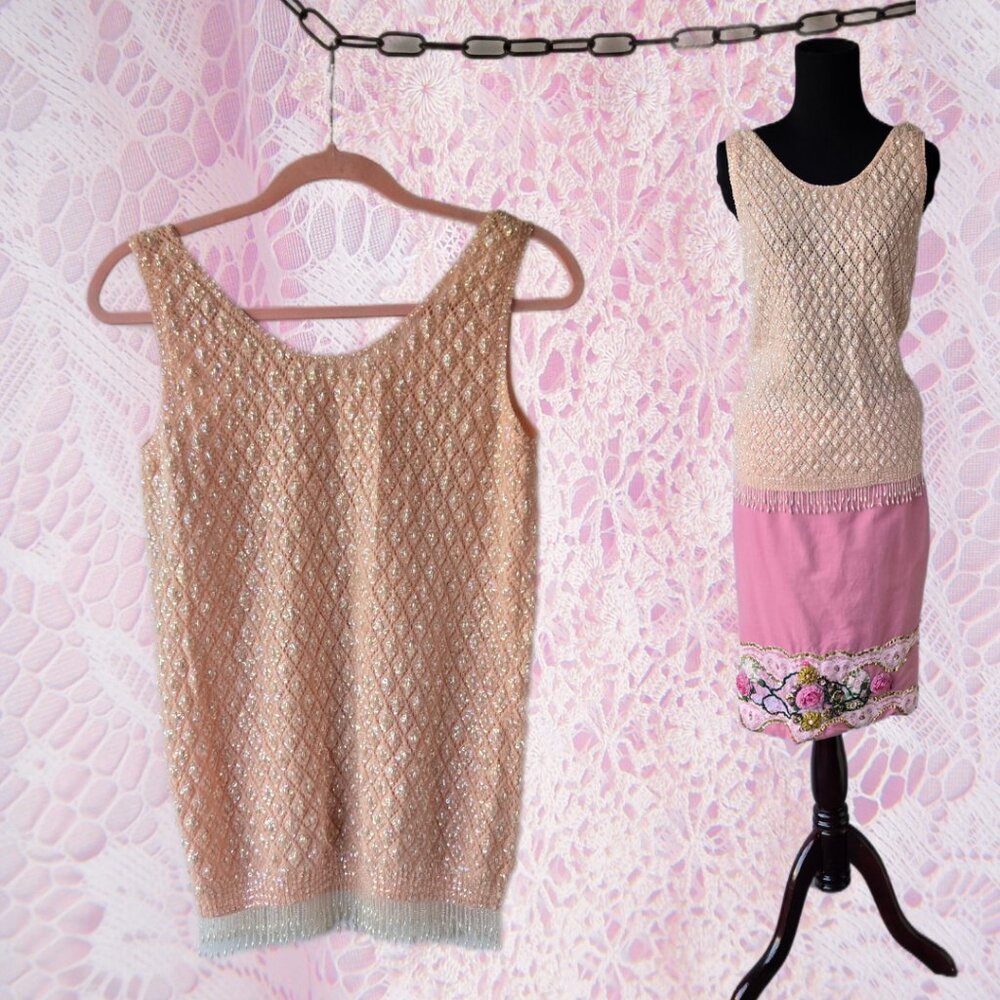 Vintage 1960s-Style Beaded and Sequin Fringe Hem Sleeveless Sweater Top Retro